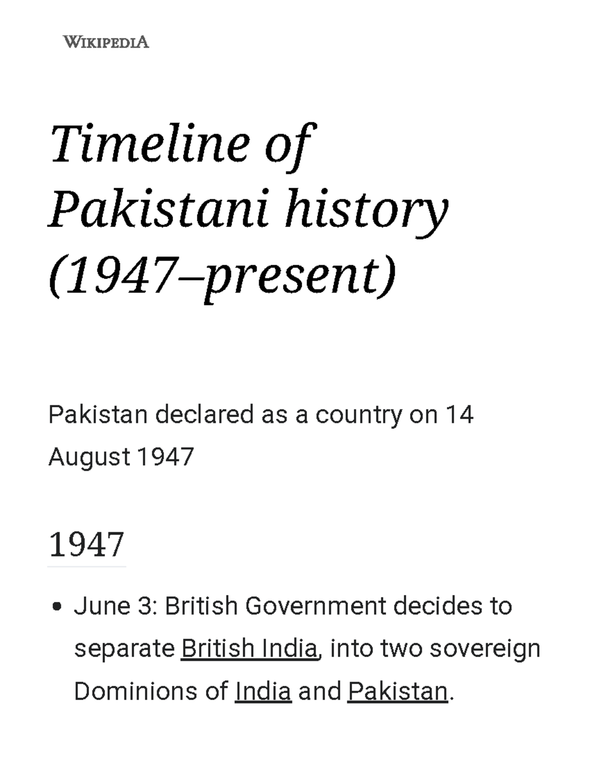 Timeline Of Pakistani History (1947–present) - Wikipedia - Pakistan ...