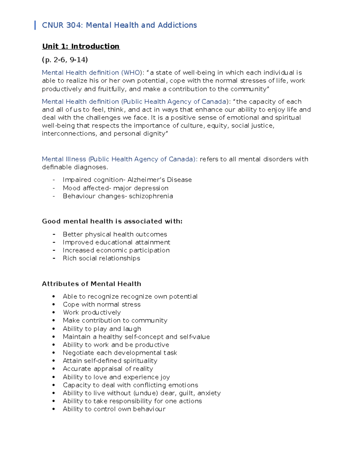 Unit 1 notes - Unit 1: Introduction (p. 2-6, 9-14) Mental Health ...