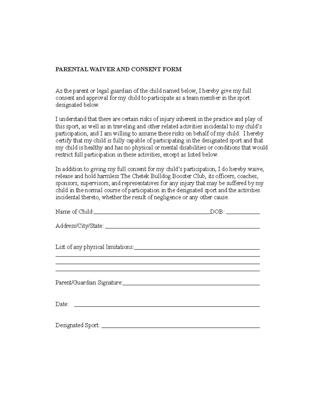 Parental Waiver AND Consent FORM PARENTAL WAIVER AND CONSENT FORM As 