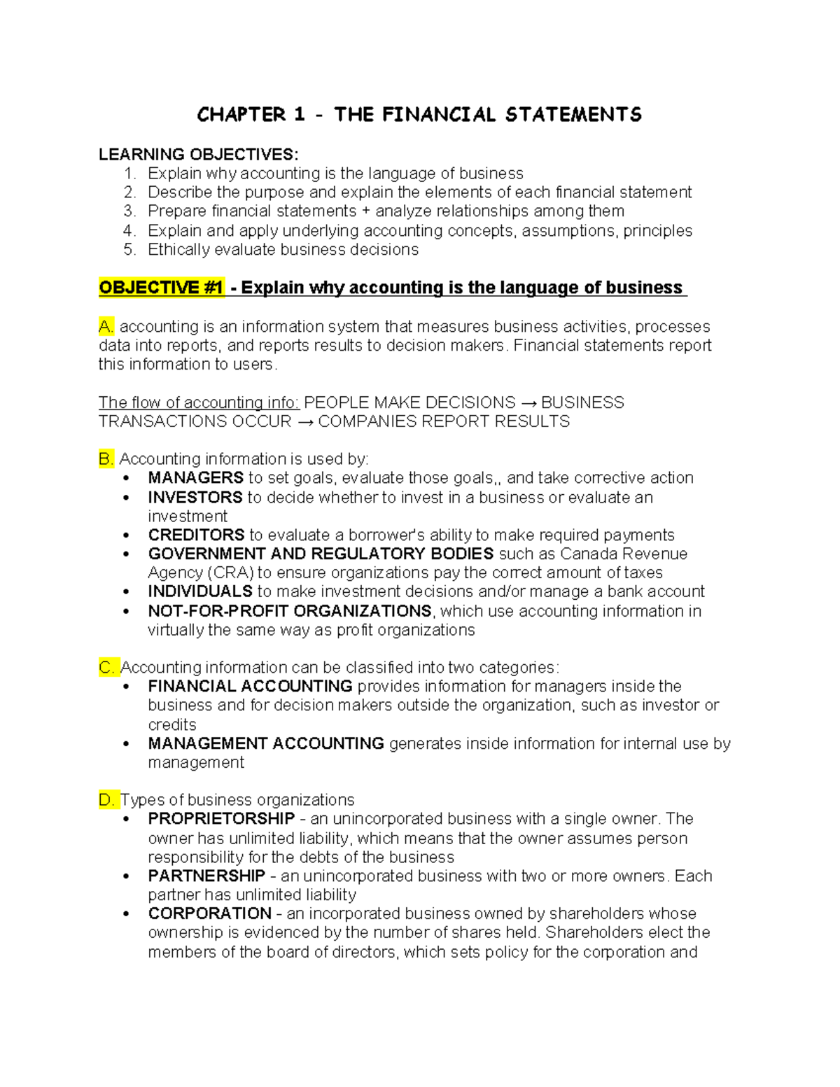 Accounting chpt 1 notes - CHAPTER 1 - THE FINANCIAL STATEMENTS LEARNING ...