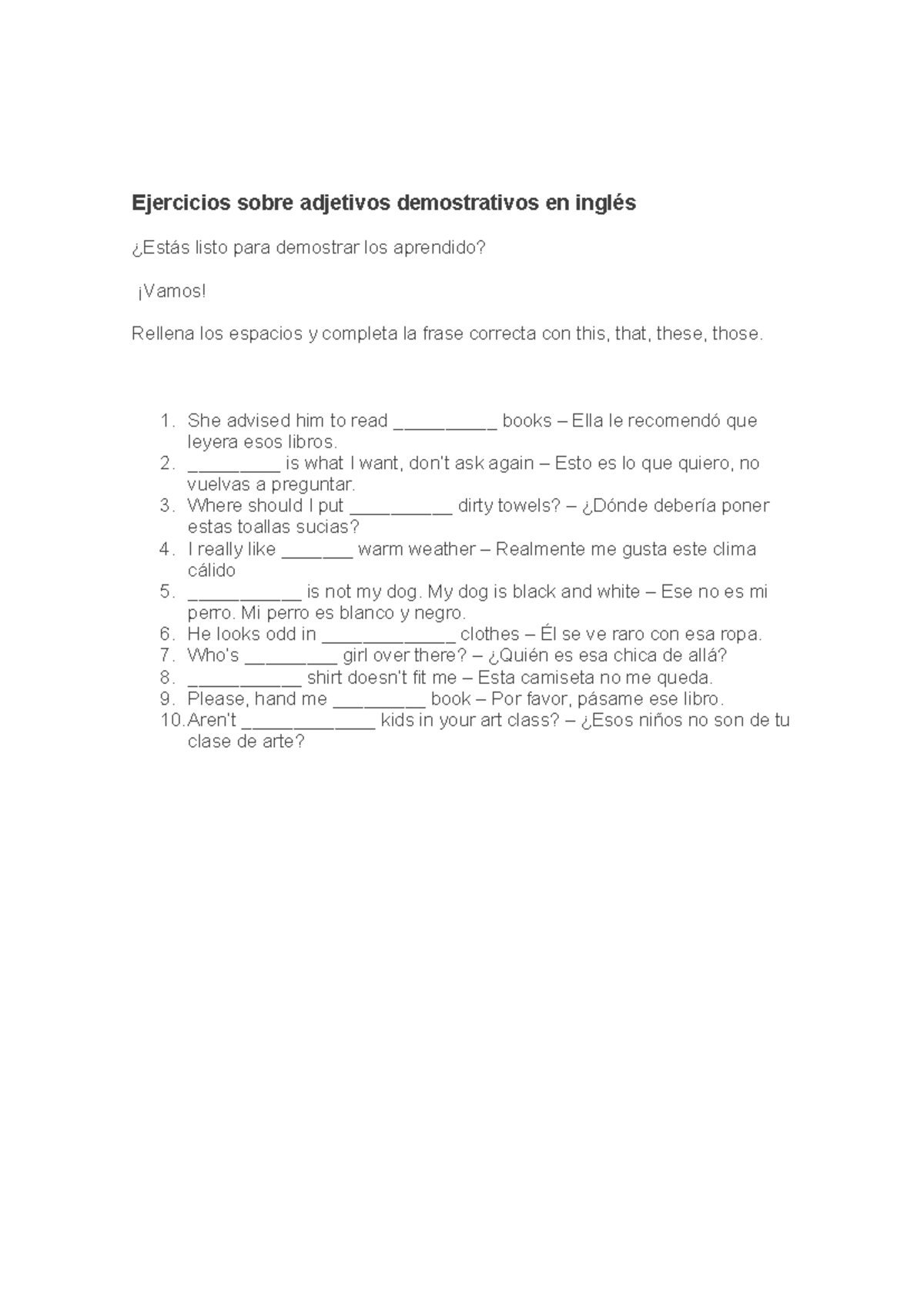 Ejercicios sobre adjetivos demostrativos en inglés - Ejercicios sobre ...