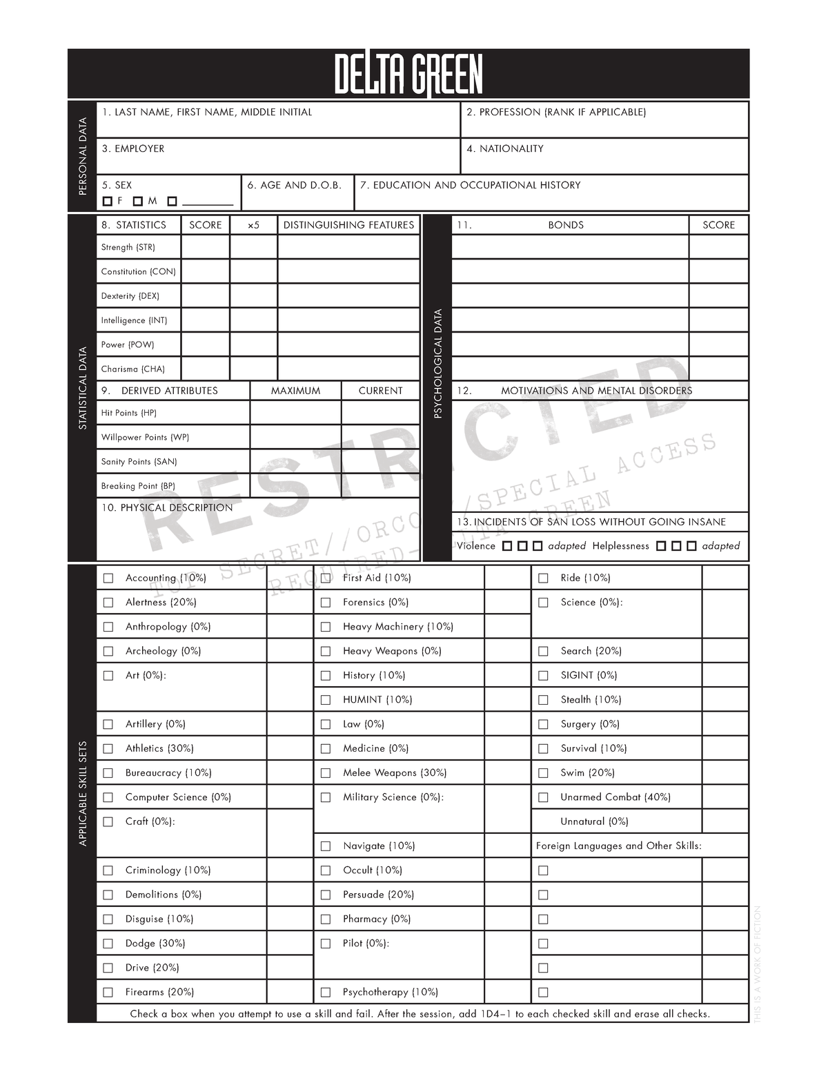 Delta Green RPG Character Sheet - THIS IS A WORK OF FICTION PERSONAL ...