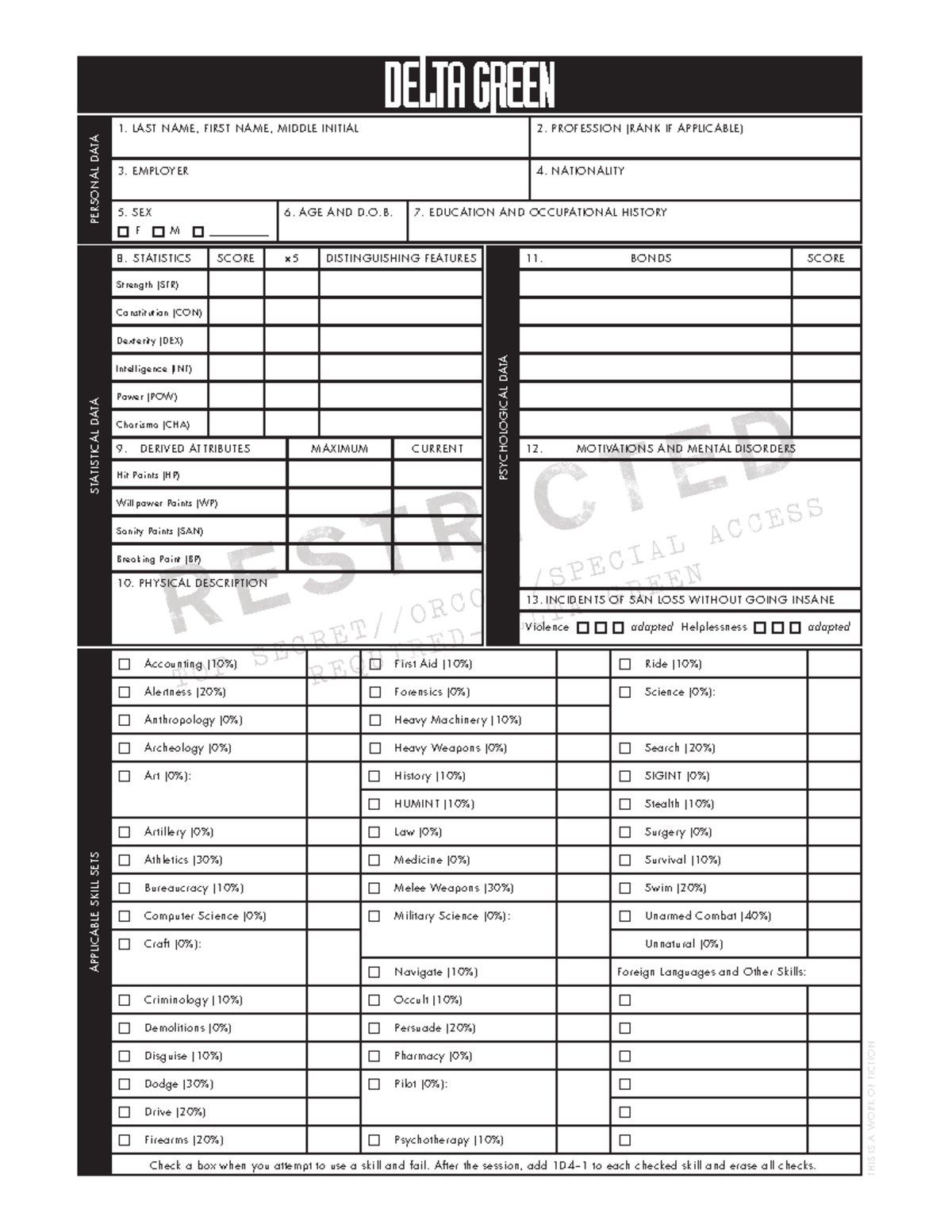 Delta Green RPG Character Sheet - THIS IS A WORK OF FICTION PERSONAL ...