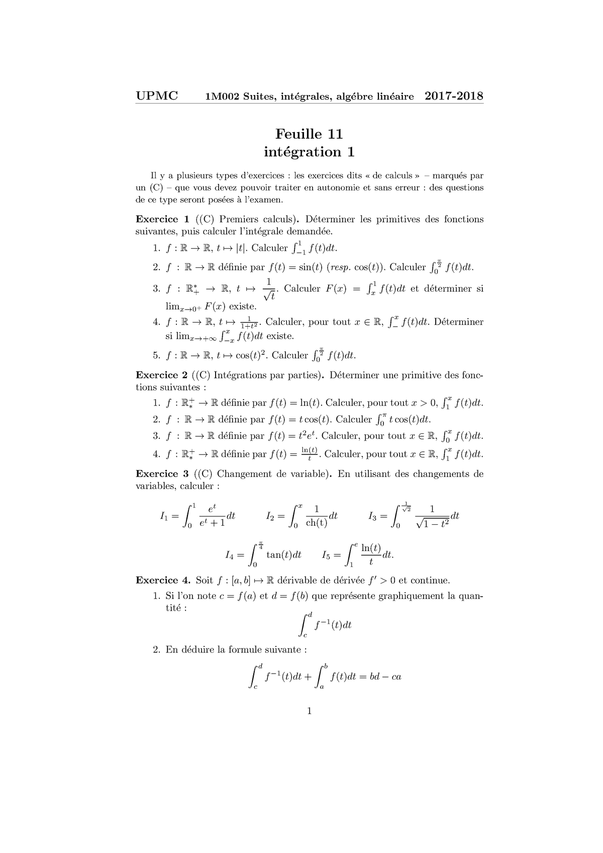 Feuille D'intégration - UPMC 2017-2018 1M002 Suites, Int´ Egrales, Alg ...