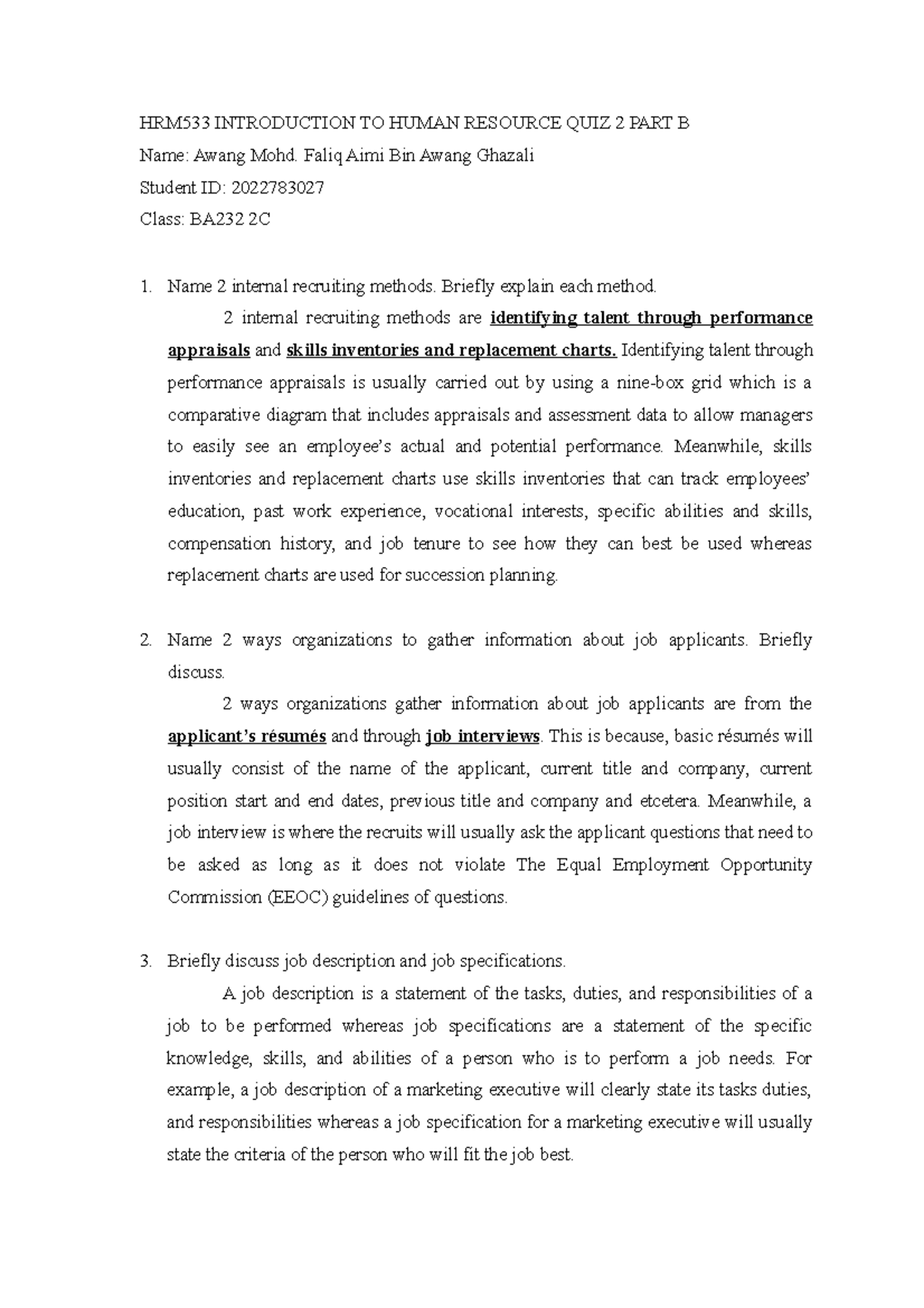 HRM533 QUIZ2 HUMAN RESOURCE QUIZ 2 ANSWER SHEET PART B ESSAY