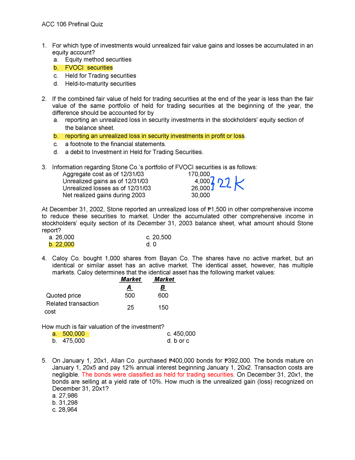 Acc106 Prefinal Quiz - For Which Type Of Investments Would Unrealized 