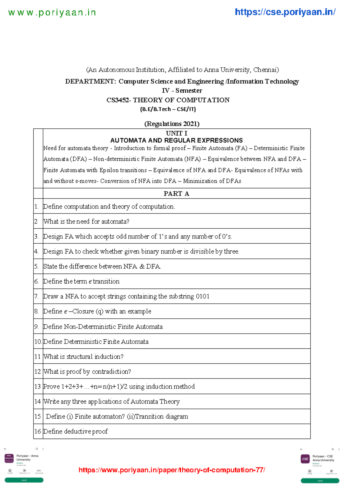 CS3452 Theory Of Computaion Question Bank - (An Autonomous Institution ...