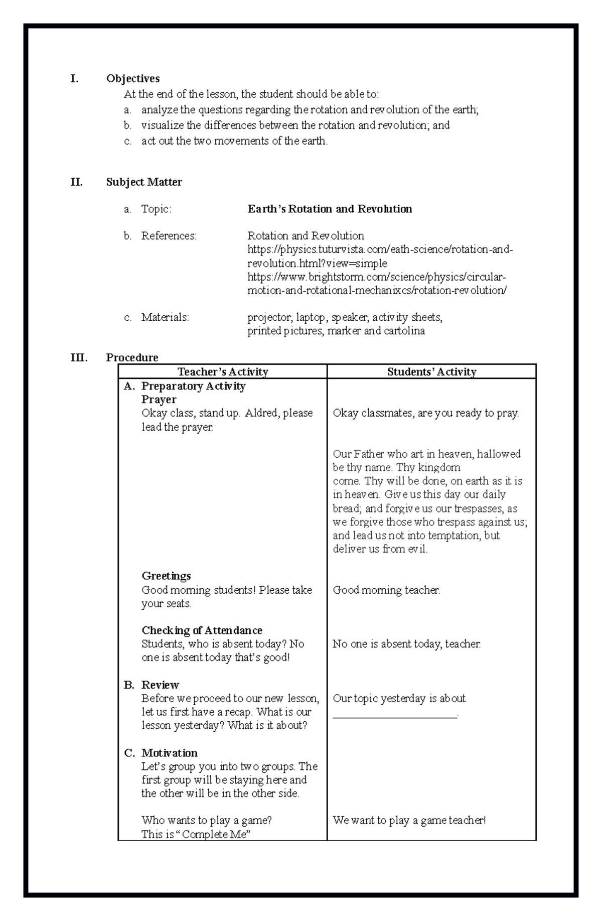 3 Earth s Rotation And Revolution I Objectives At The End Of The