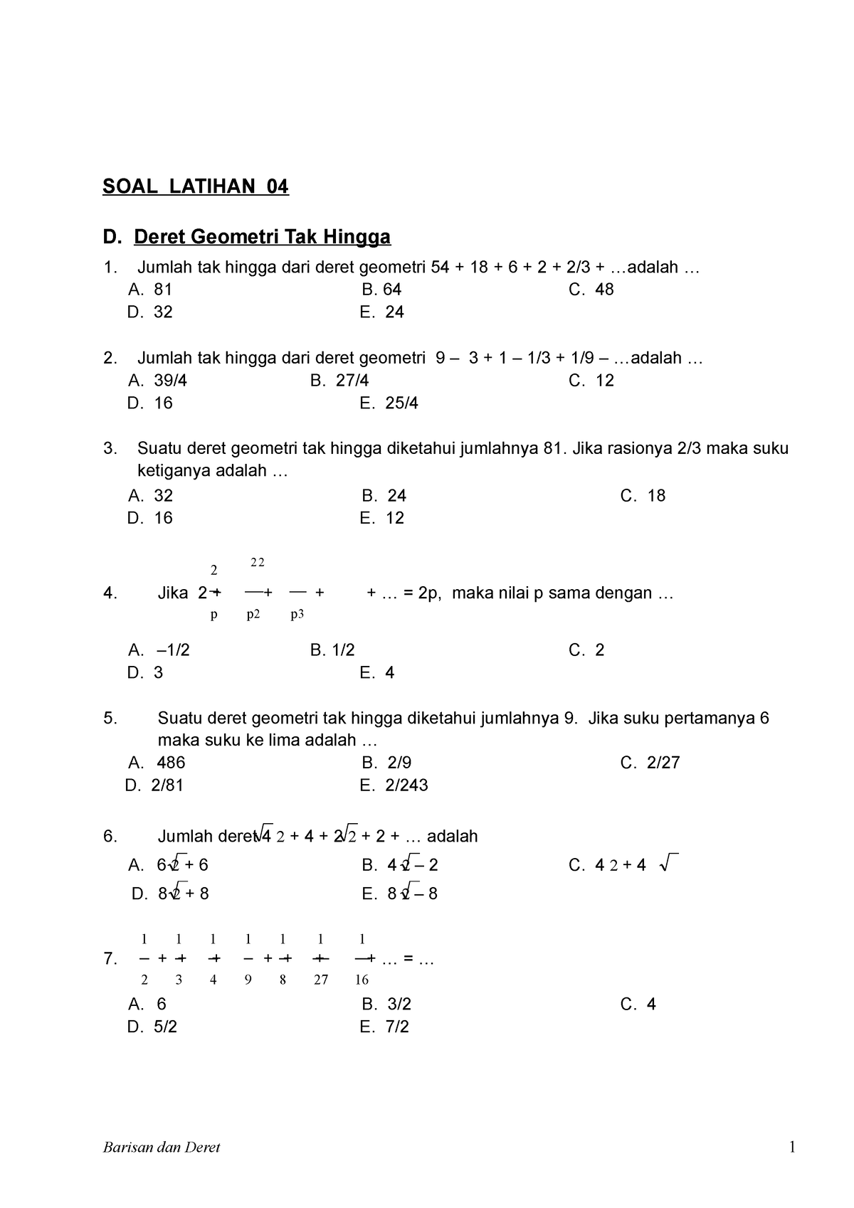 08 Latihan 07 Deret Geometri Tak Hingga Soal Latihan 04 D Deret Geometri Tak Hingga 1 Jumlah 