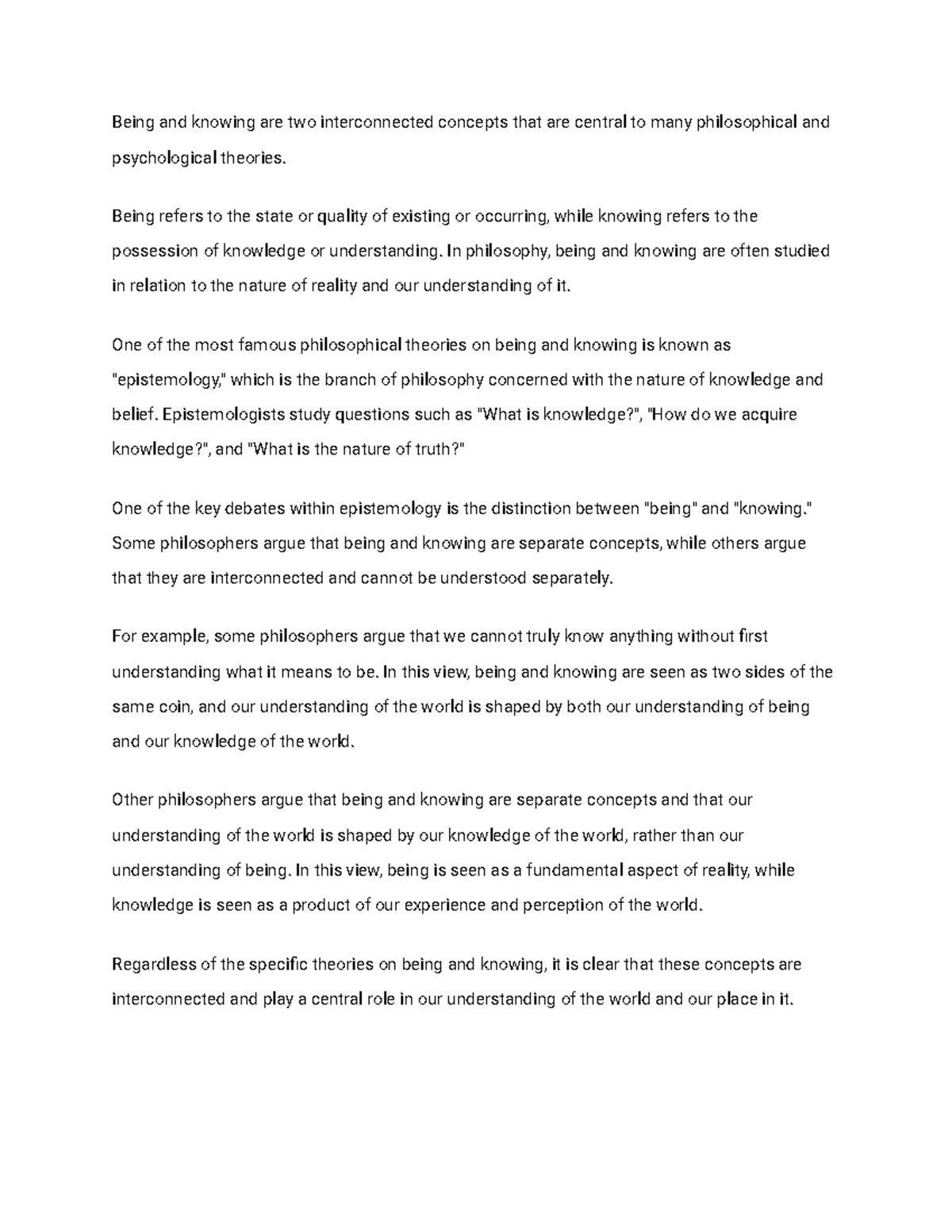 SSnnn - notes - Being and knowing are two interconnected concepts that ...