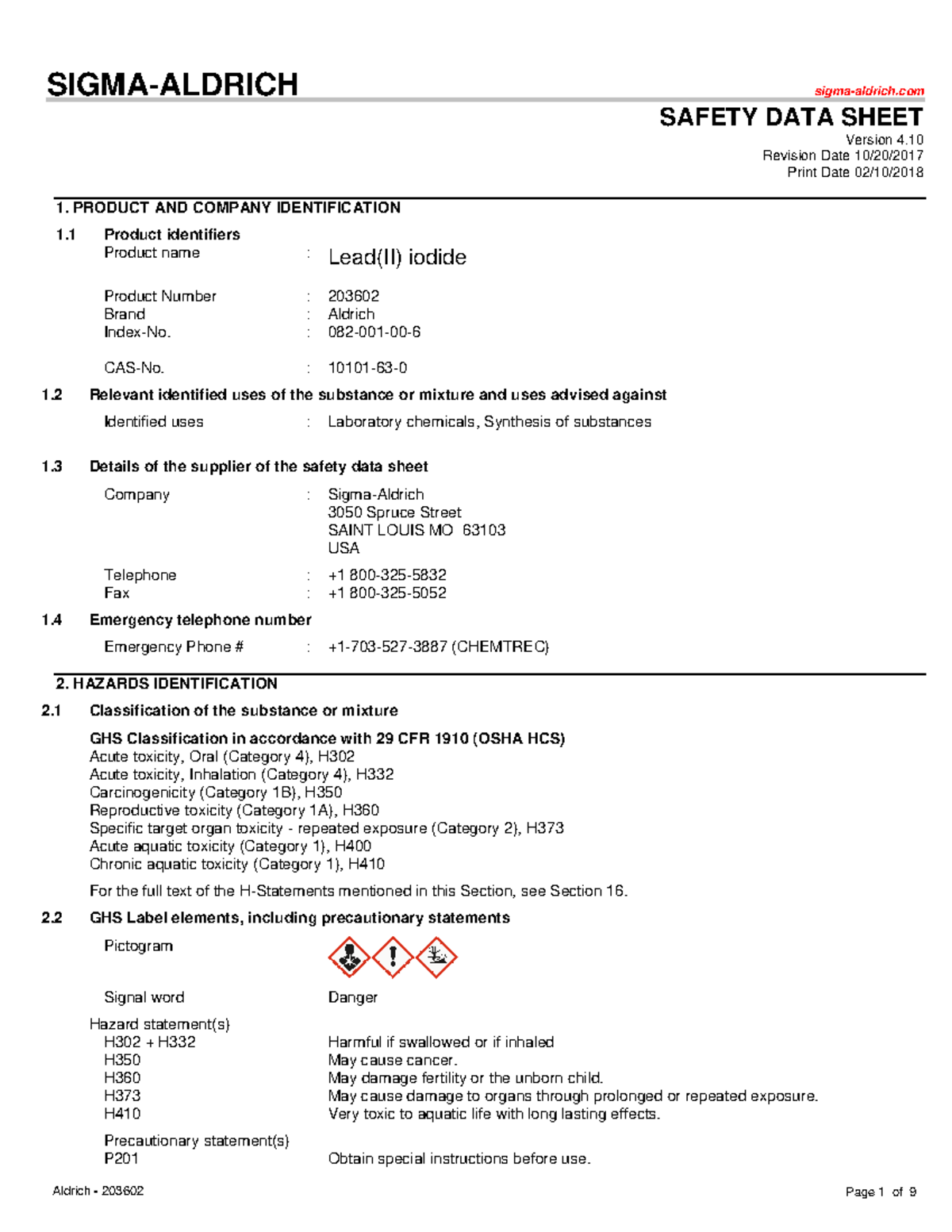 Lead(II) iodide Msds SIGMAALDRICH sigmaaldrich SAFETY DATA SHEET