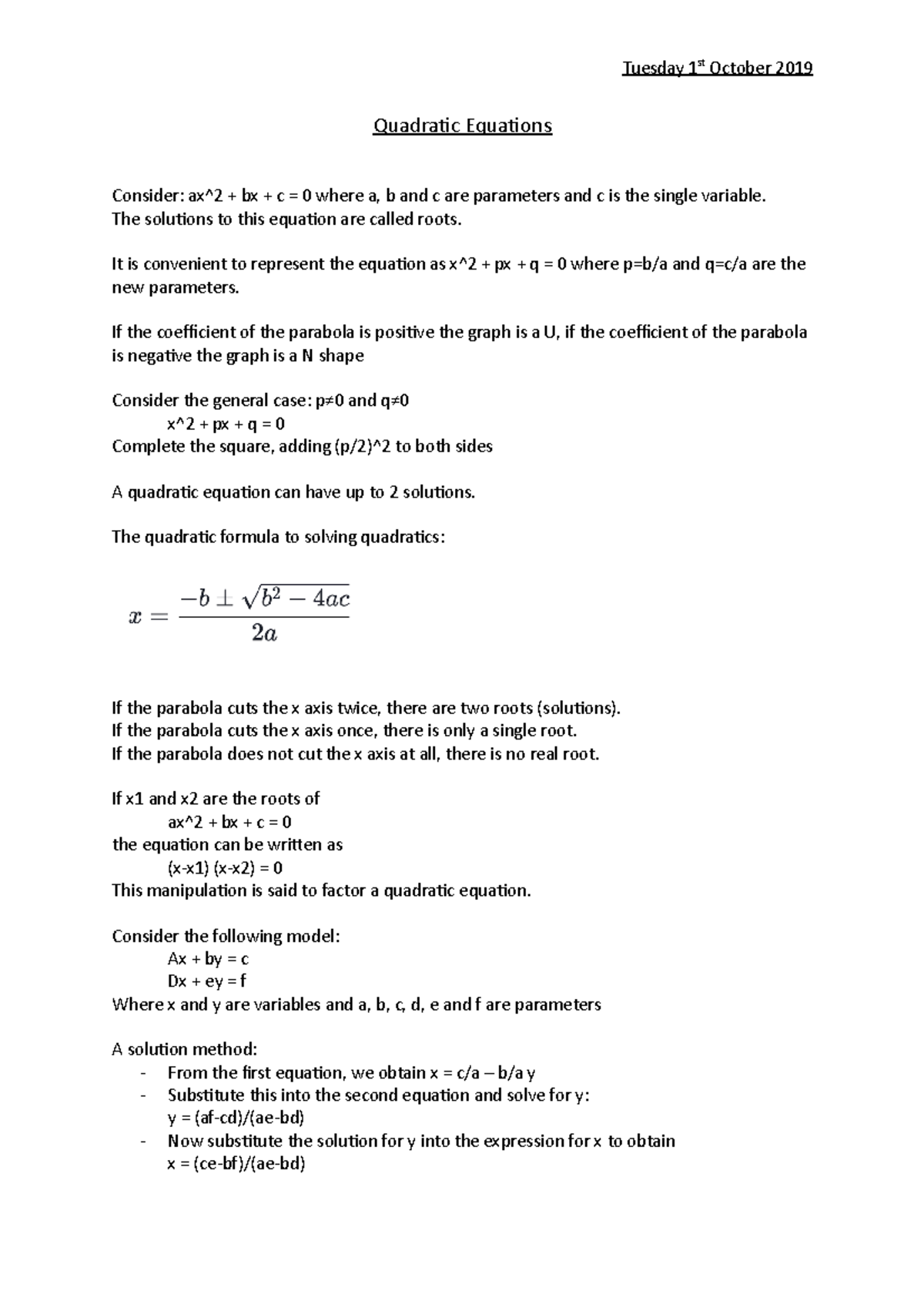 Quadratic Equations Lecture Notes 2 Tuesday 1 St October 19 Quadratic Equations Consider Ax 2 Studocu