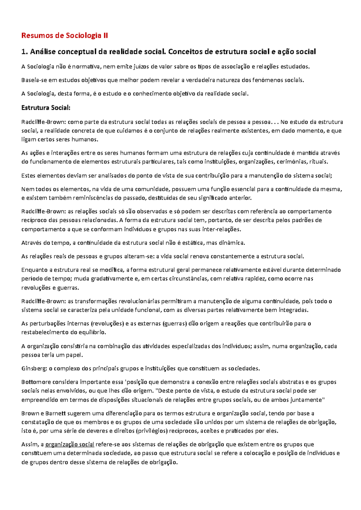 Resumos de Sociologia II - Análise conceptual da realidade social ...