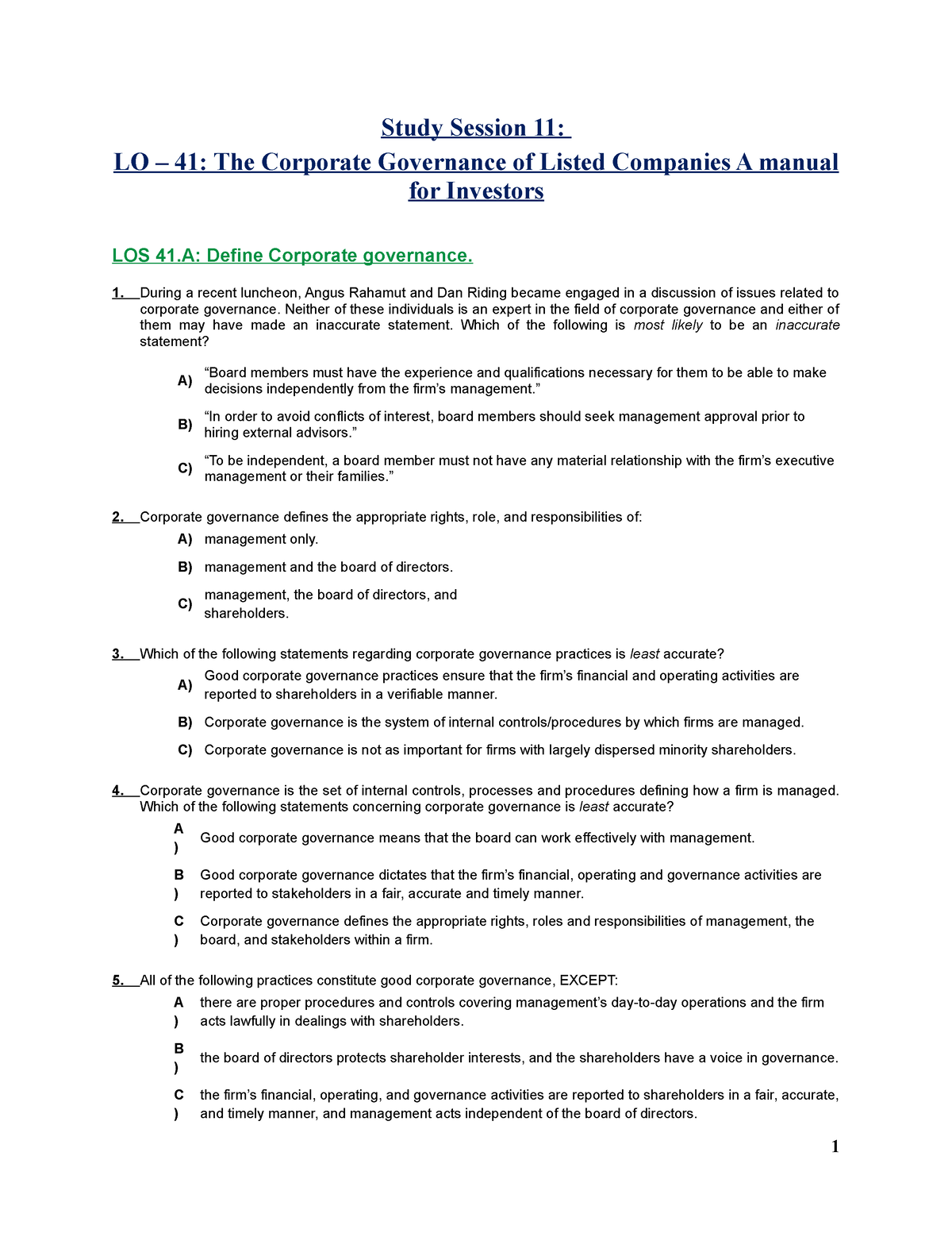 case study questions on corporate governance