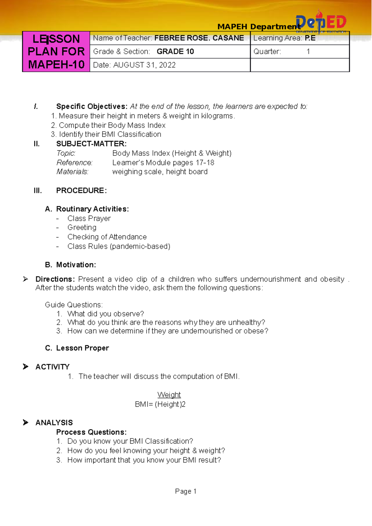 August 30 - BMI - Lesson Plan For BMI - MAPEH Department LE SSON PLAN ...