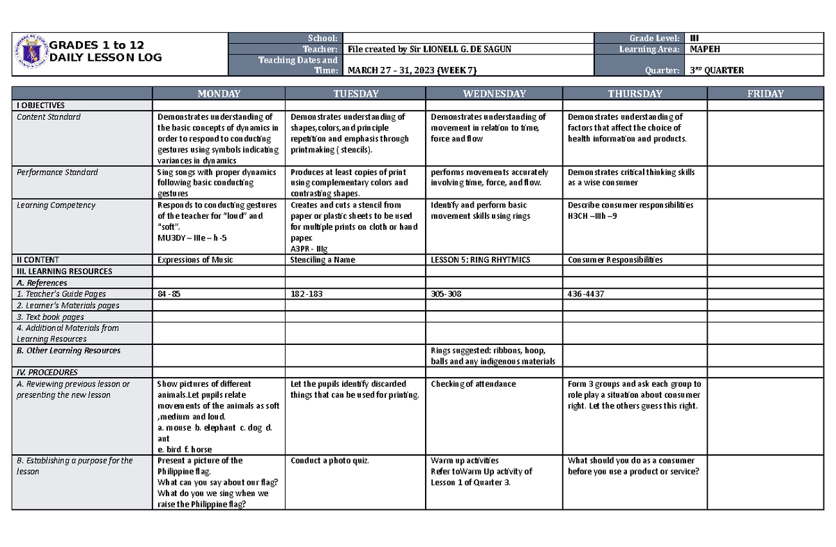 DLL Mapeh 3 Q3 W7 - DLL.M - GRADES 1 to 12 DAILY LESSON LOG School ...