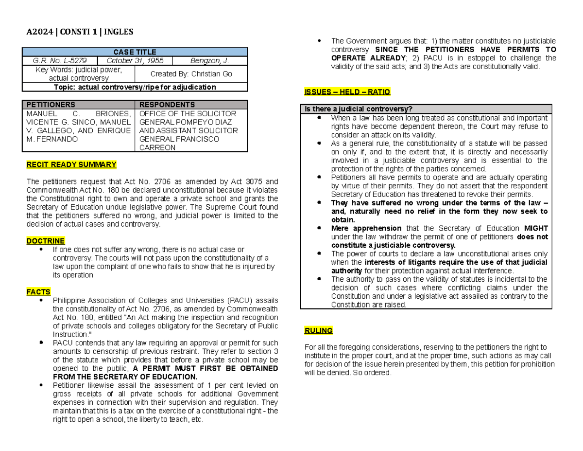 PACU v. Secretary of Education - A2024 | CONSTI 1 | INGLES CASE TITLE G ...