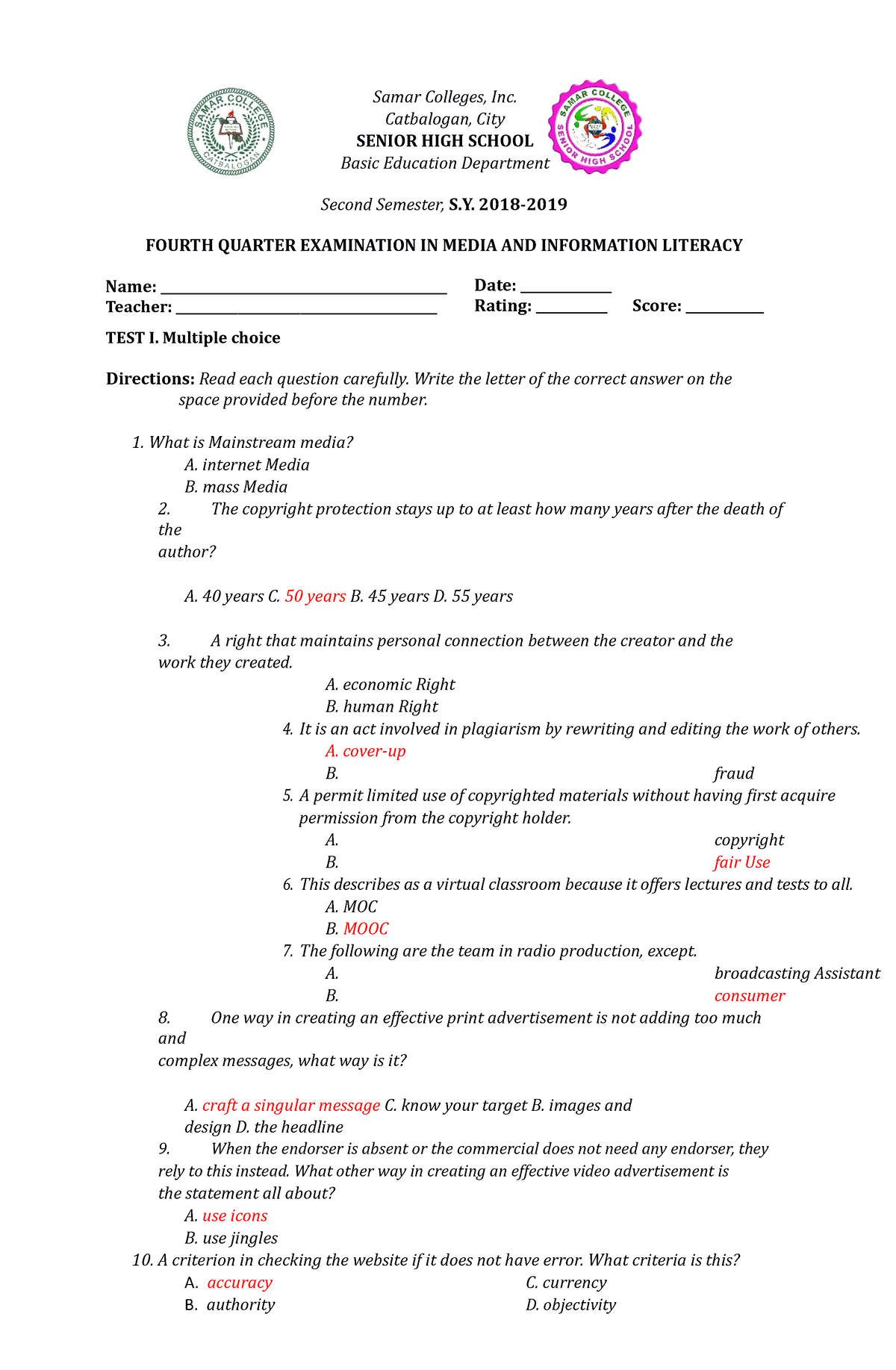 4th quarter examination test in media and information literacy Samar