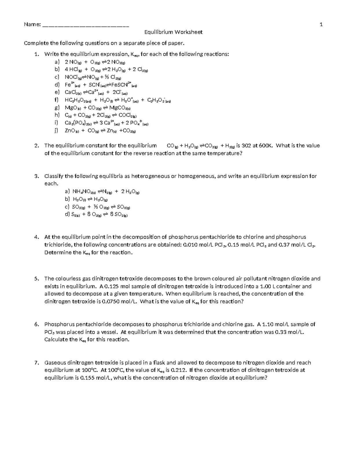 Equilibrium Worksheet End of Module - Name ...