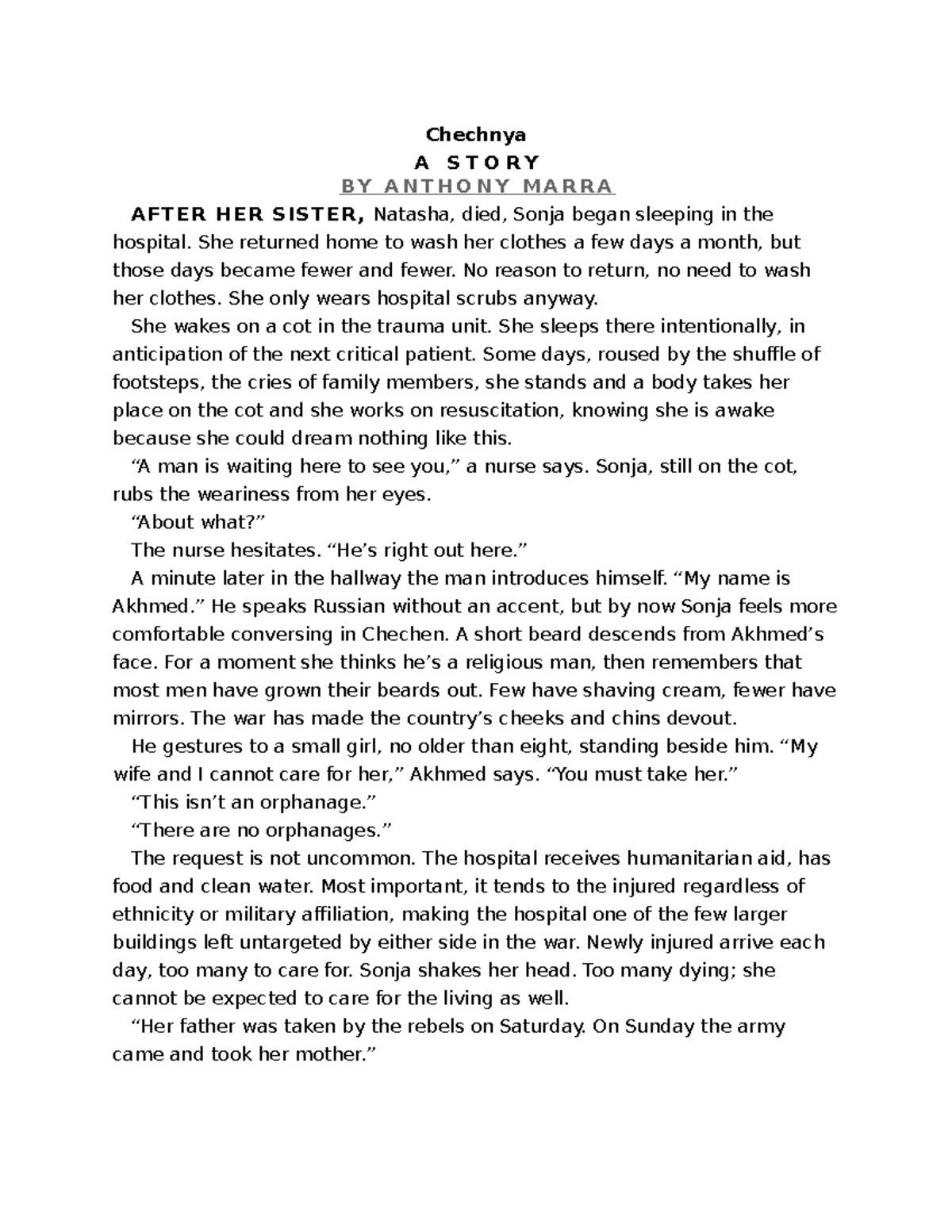 Chechnya Written by anthony amarra Chechnya A S T O R Y B Y A N T H