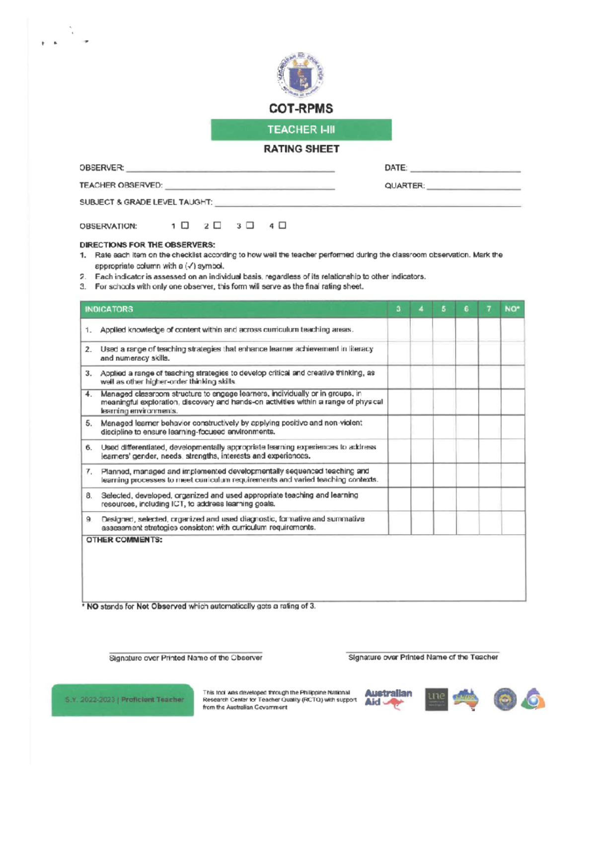 COT2023 COT form Peace and Global Education Studocu