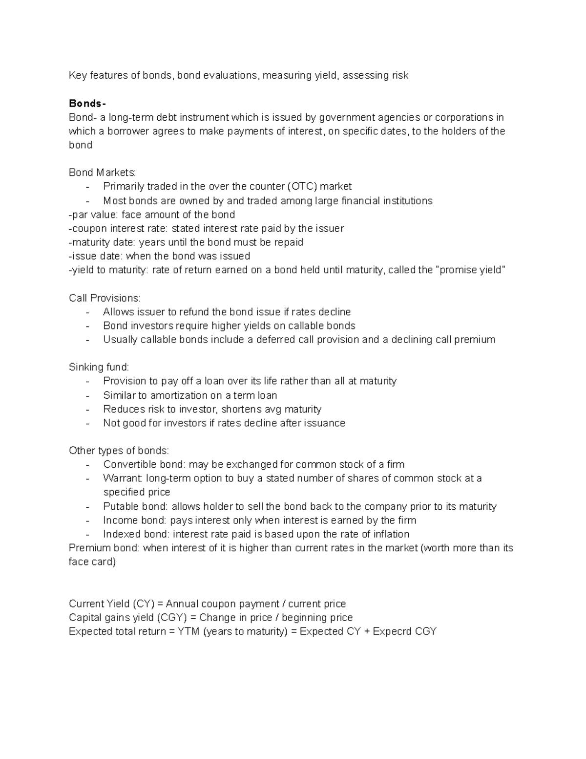 Chap. 7 notes - Key features of bonds, bond evaluations, measuring ...