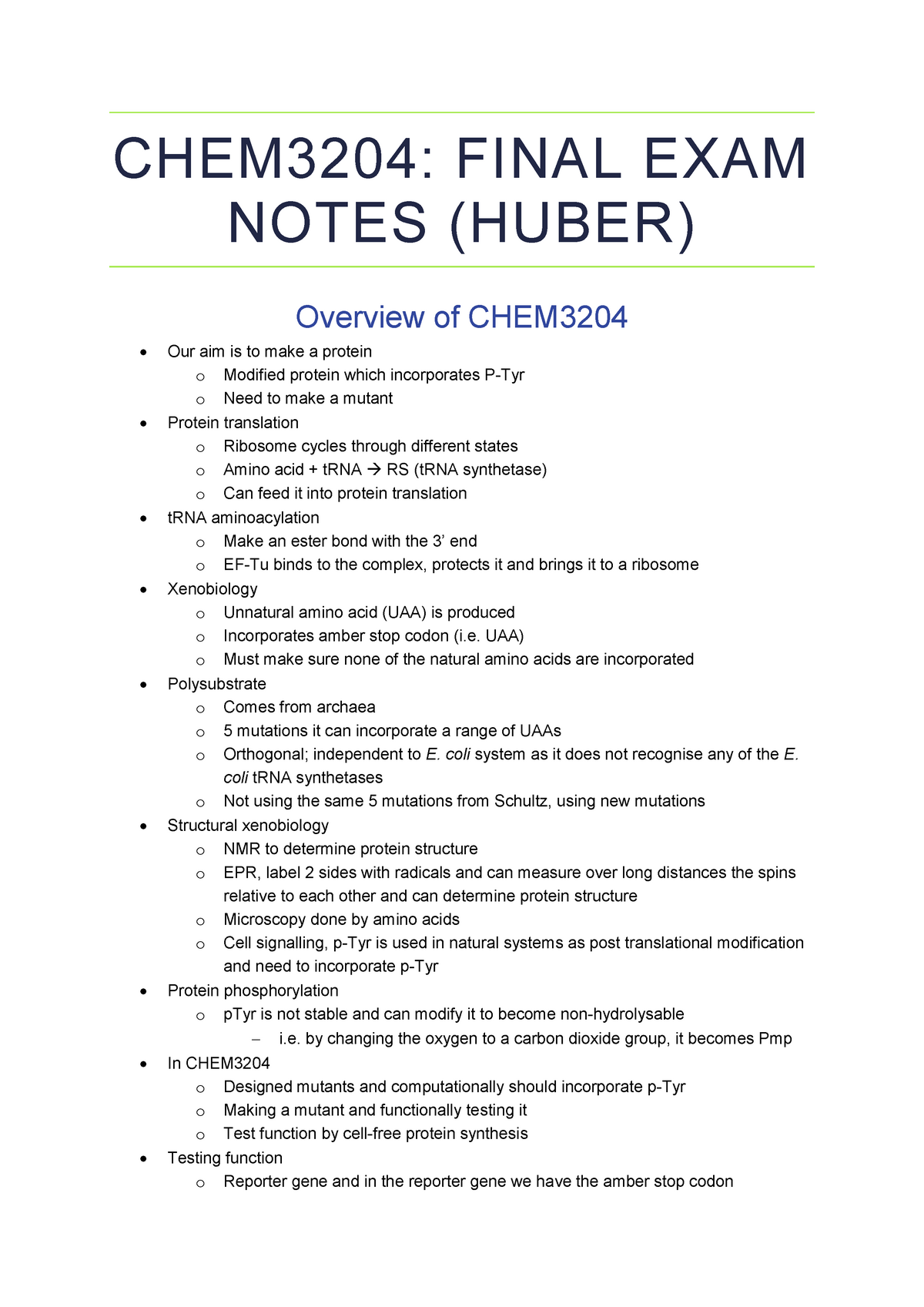 CHEM3204 Final Exam Notes Huber - CHEM3204: FINAL EXAM NOTES (HUBER ...