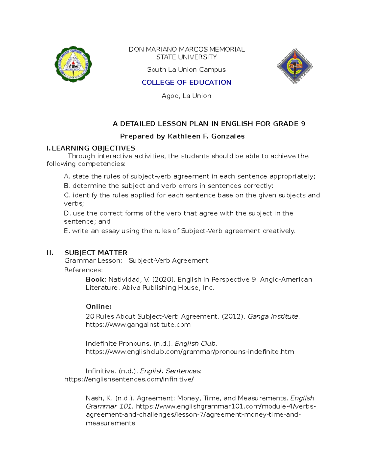 Lesson PLAN Subject Verb Agreement DON MARIANO MARCOS MEMORIAL STATE