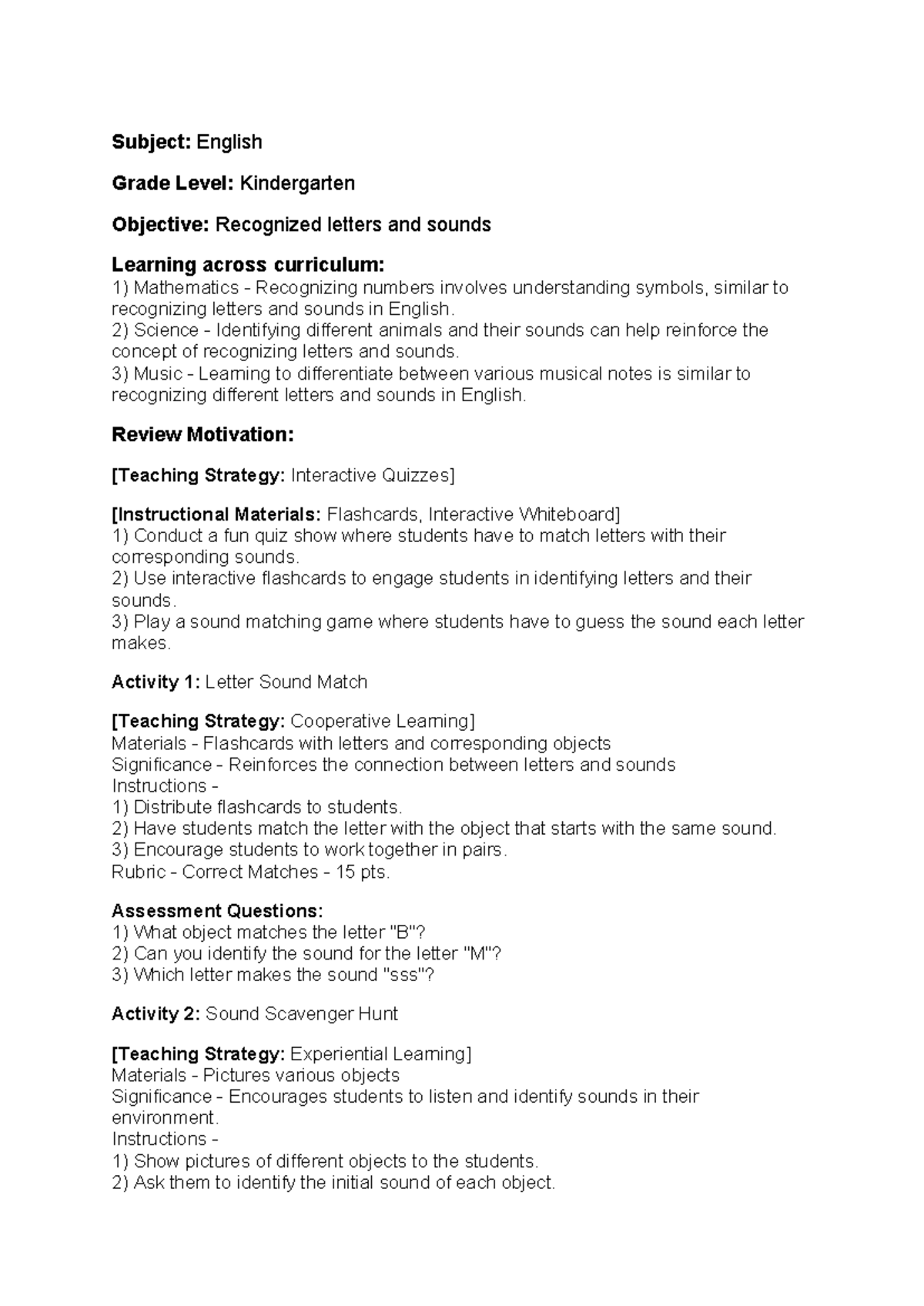 Lesson plan - Subject: English Grade Level: Kindergarten Objective ...