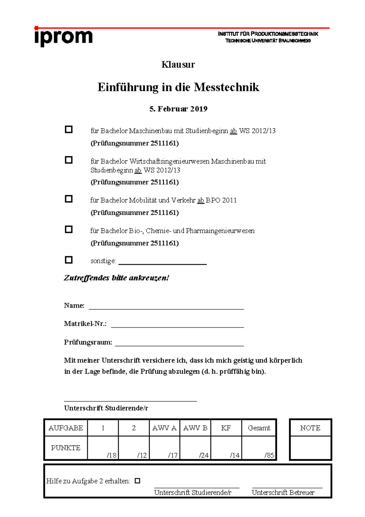 Viel Glück Für Die Klausur Klausur 050219 - Klausur Einf ̧hrung in die Messtechnik 5. Februar 2019