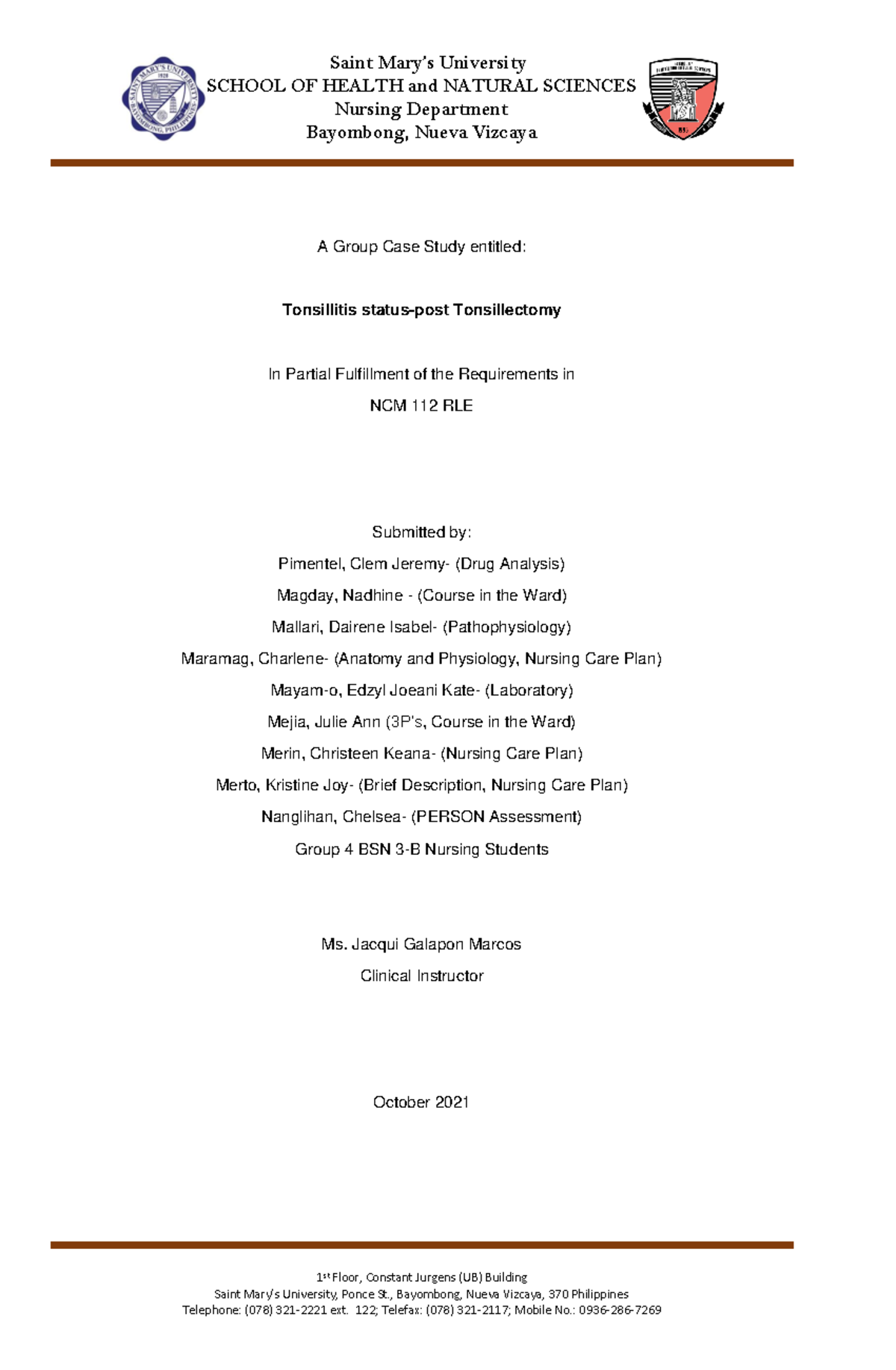 Tonsillitis Tonsillectomy Case Study SCHOOL OF HEALTH and NATURAL