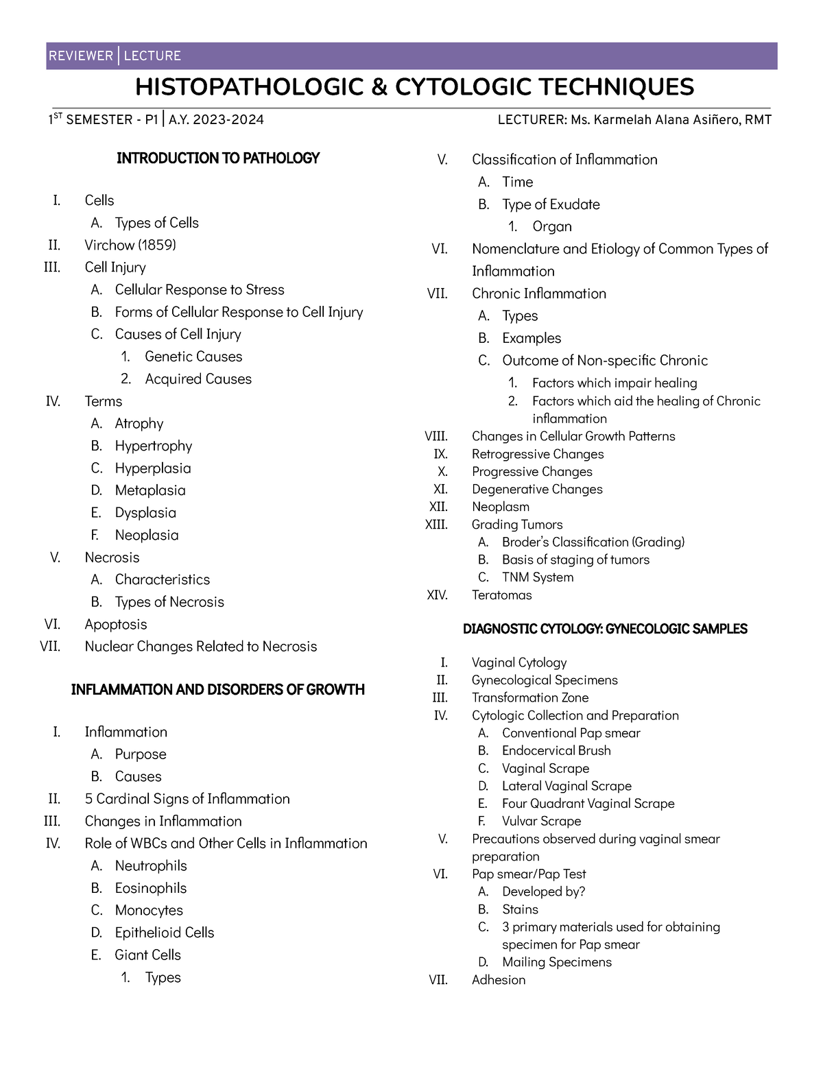 Reviewer Outline - REVIEWER | LECTURE HISTOPATHOLOGIC & CYTOLOGIC ...