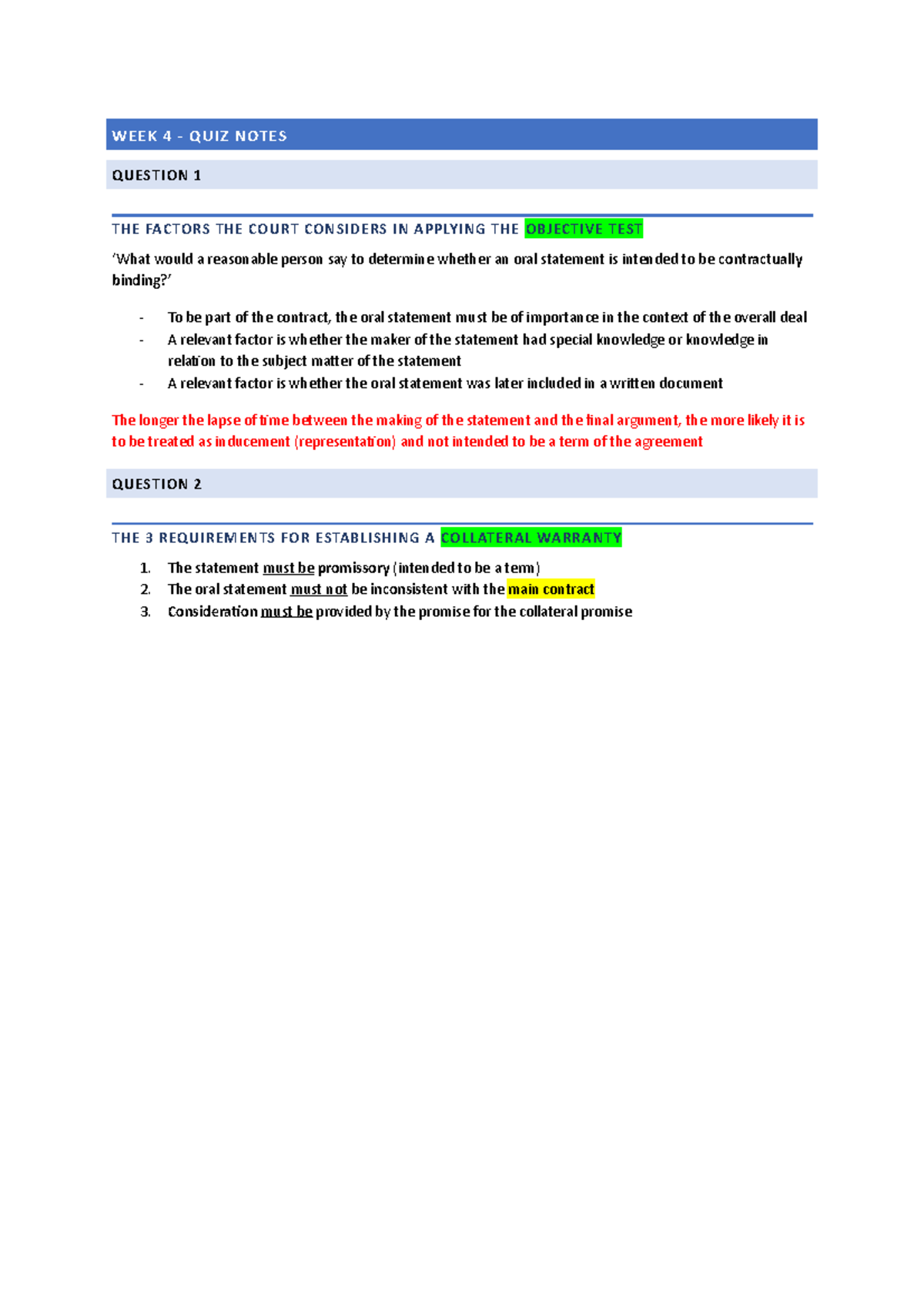 W4 - Quiz Notes - useful - WEEK 4 - QUIZ NOTES QUESTION 1 THE FACTORS ...