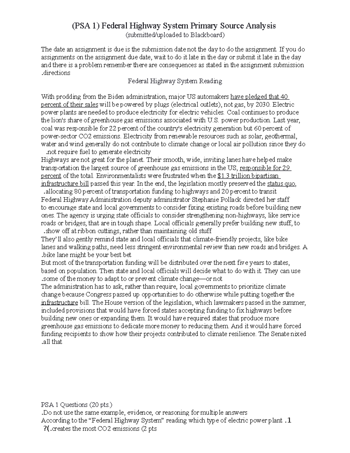 PSA 1 Federal Highway System Primary Source Analysis (PSA 1) Federal Highway System Primary