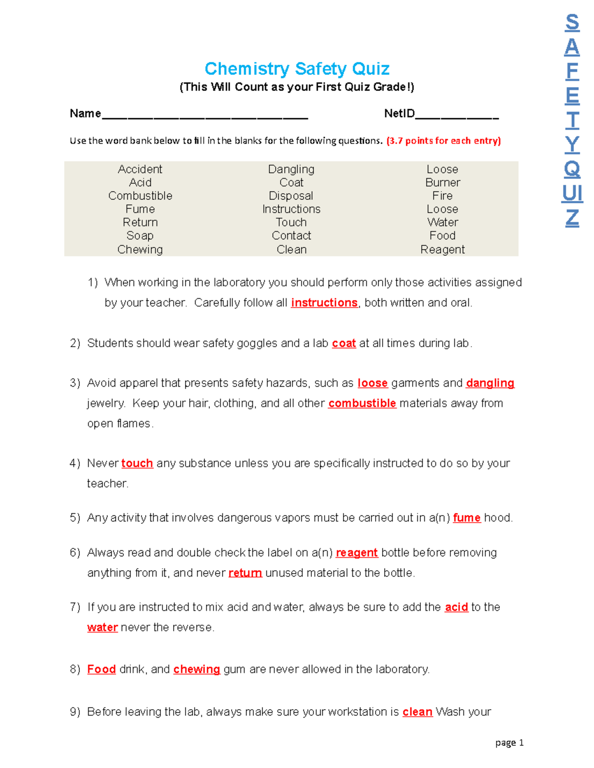 CH 1211 Lab Answer Key Chemistry Safety Quiz (This Will Count as your