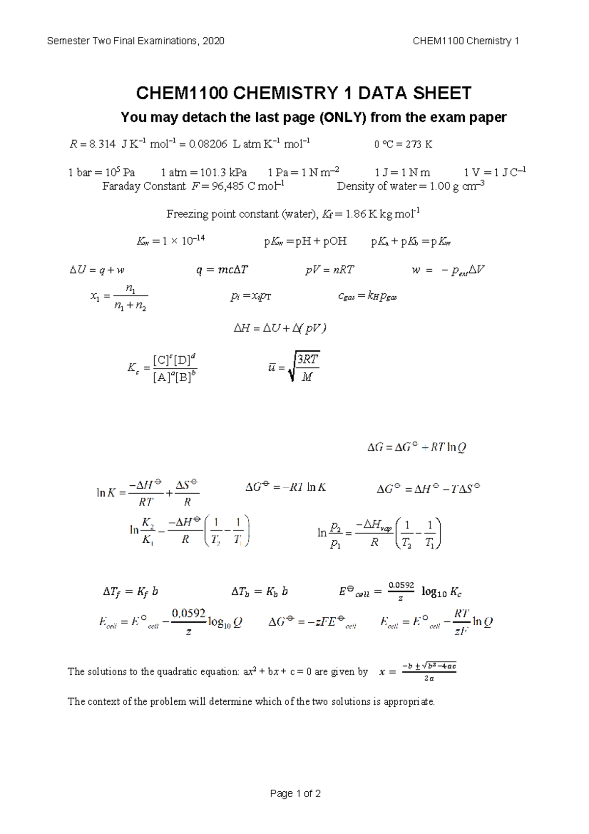 CHEM1100 Chemistry 1 Data Sheet 2020 S2 - Semester Two Final ...