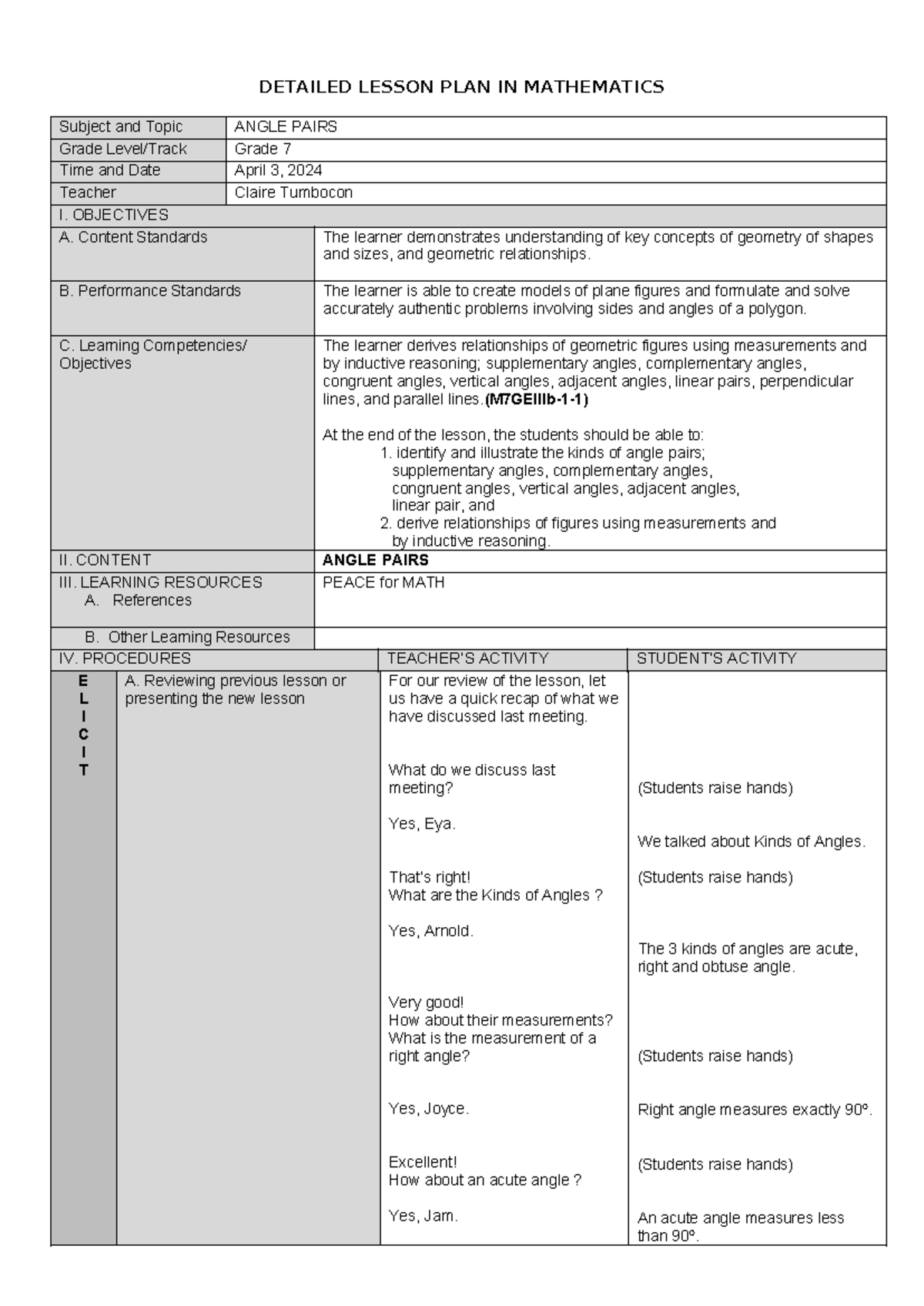 Grade 7Math DLPWeek 2 - DETAILED LESSON PLAN IN MATHEMATICS Subject and ...