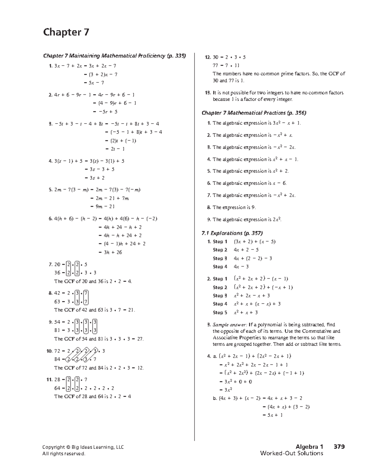 Algebra Chapter 7 Worked Out Solutions - Copyright © Big Ideas Learning ...