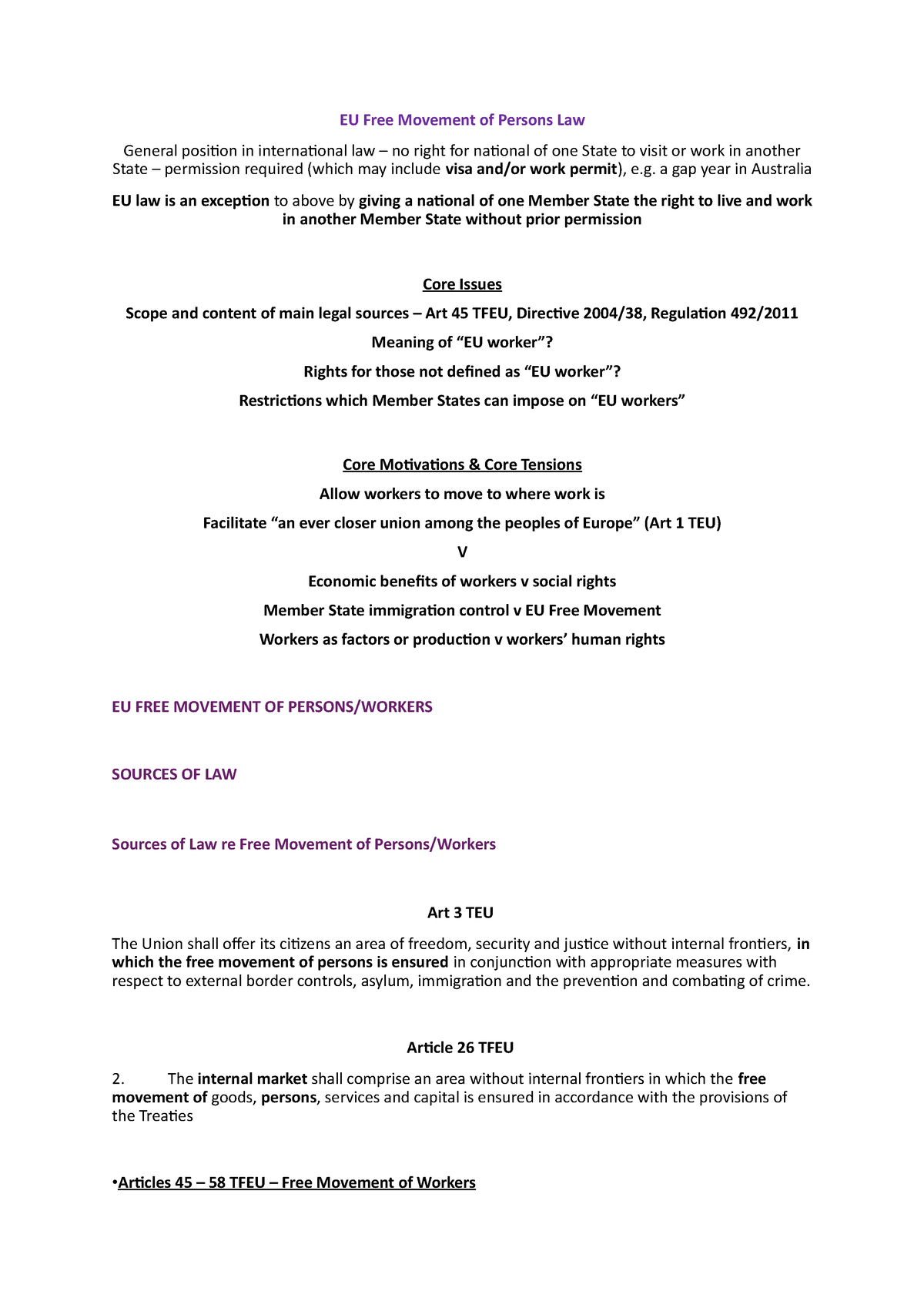 Week 7 - Free Movement of Workers - EU Free Movement of Persons Law ...