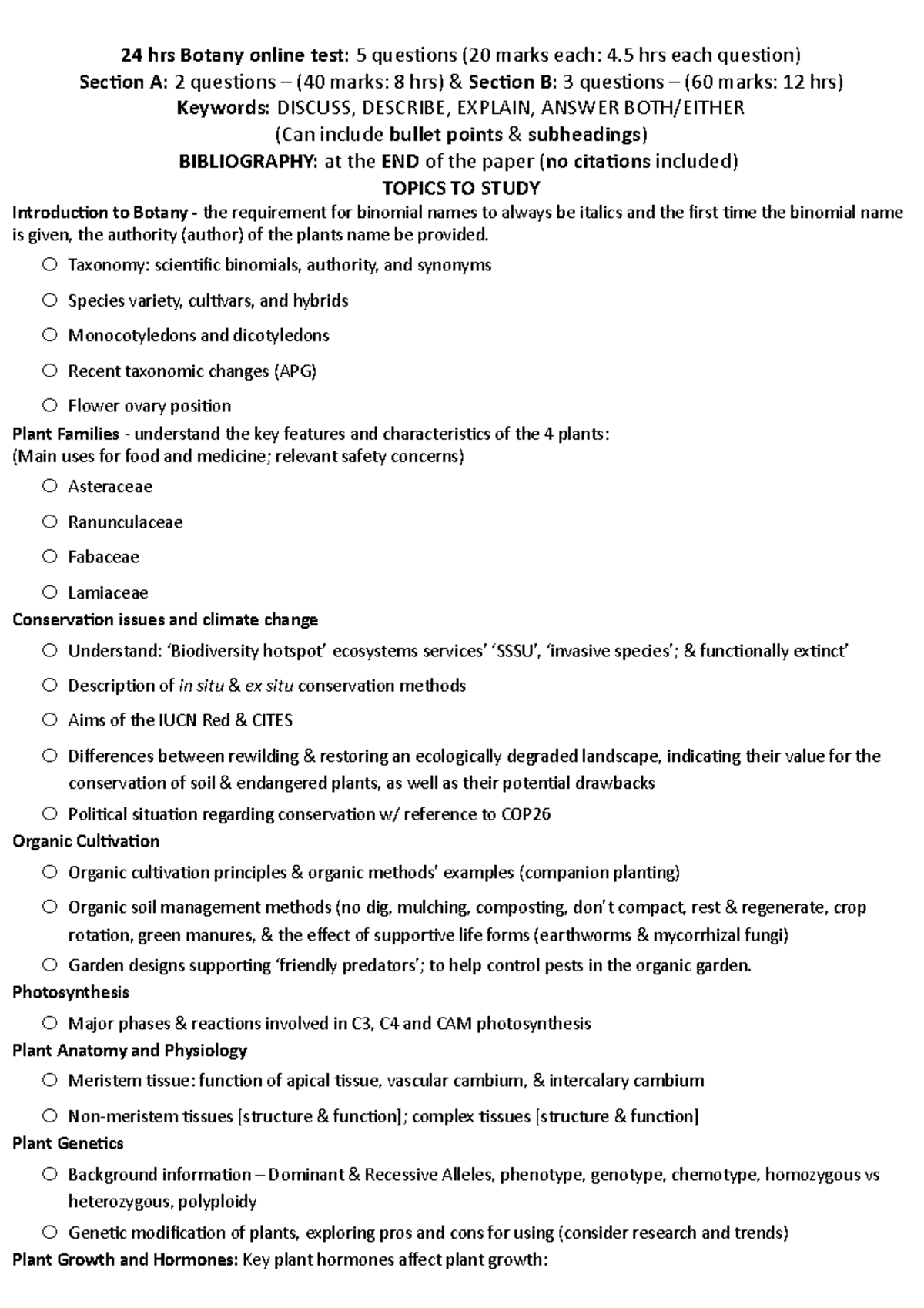 Botany Test Checklist Docx Version 24 hrs Botany online test 5