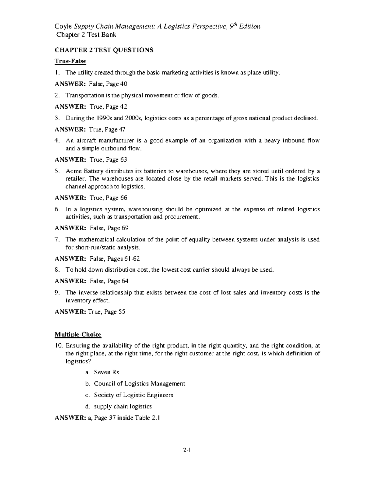 Test bank for supply chain management a logistics - Chapter 2 Test Bank ...