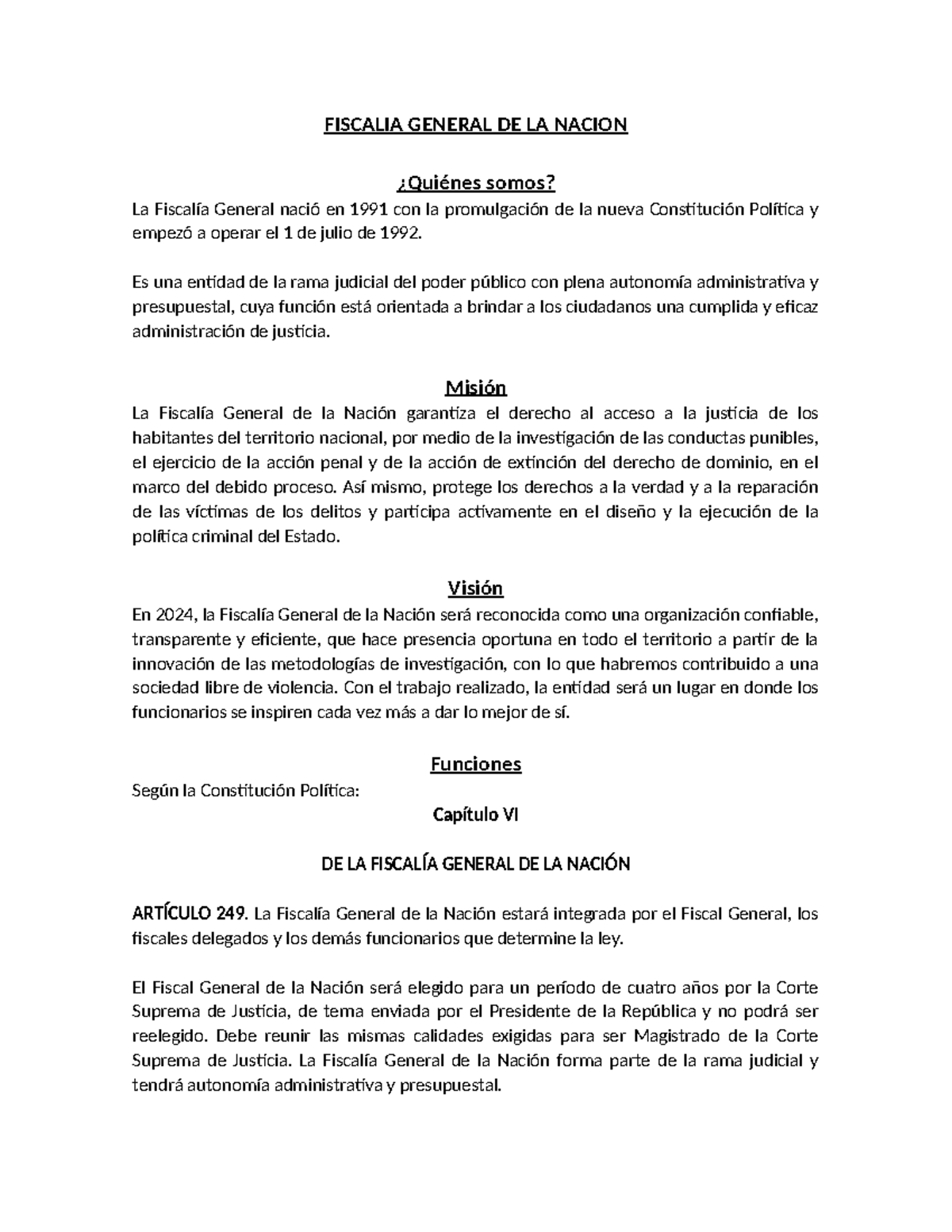 Mision - Vision - Funciones Y Demás DE LA Fiscalia General DE LA Nacion ...