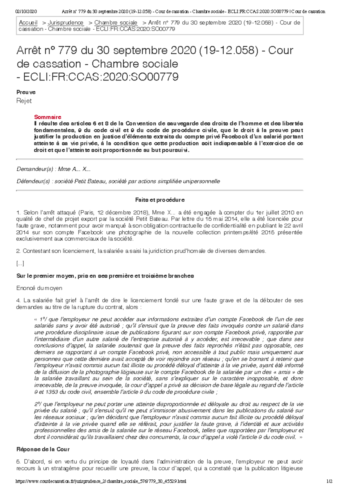 Arrêt N° 779 Du 30 Septembre 2020 (19-12.058) - Cour De Cassation ...