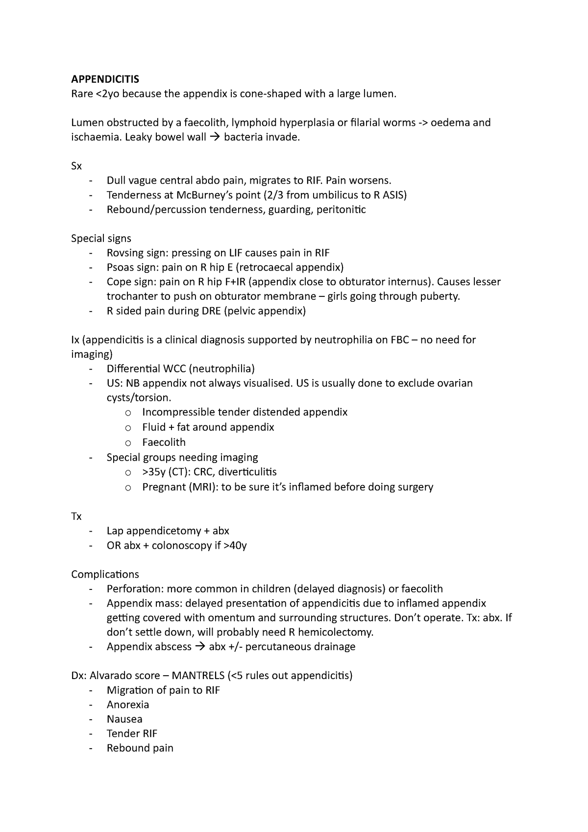 Finals notes on appendicitis - APPENDICITIS Rare