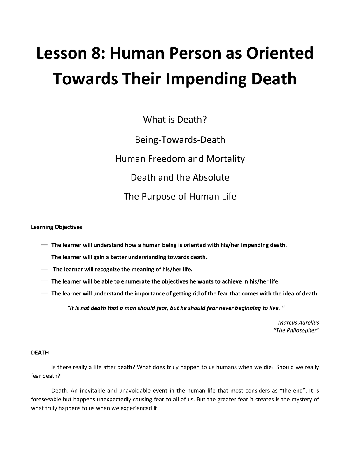 Lesson 8: Human Person As Oriented Towards Their Impending Death ...