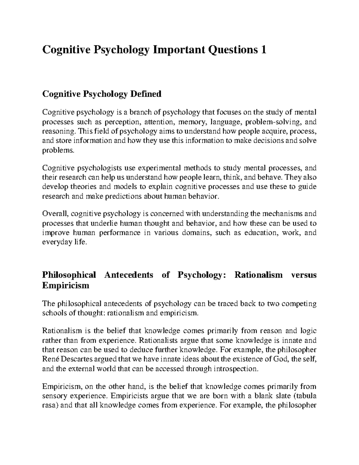 Cognitive Psychology Important Questions 1 - This field of psychology ...