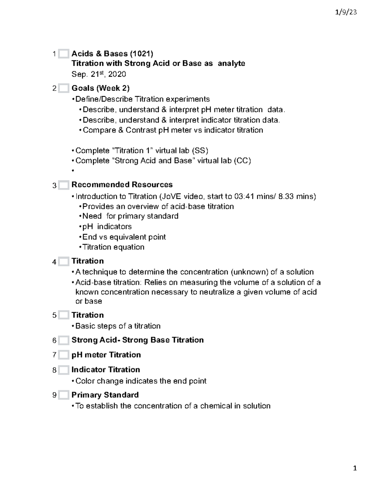 General Chemistry Acid base 2-2 - 1/9/ 1 Acids & Bases (1021) Titration ...
