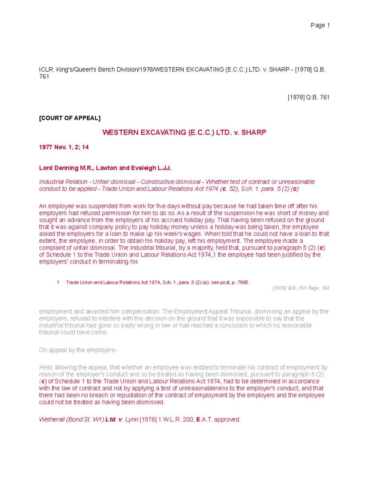 Western Excavating (E.C.C.) LTD - ICLR: King's/Queen's Bench Division