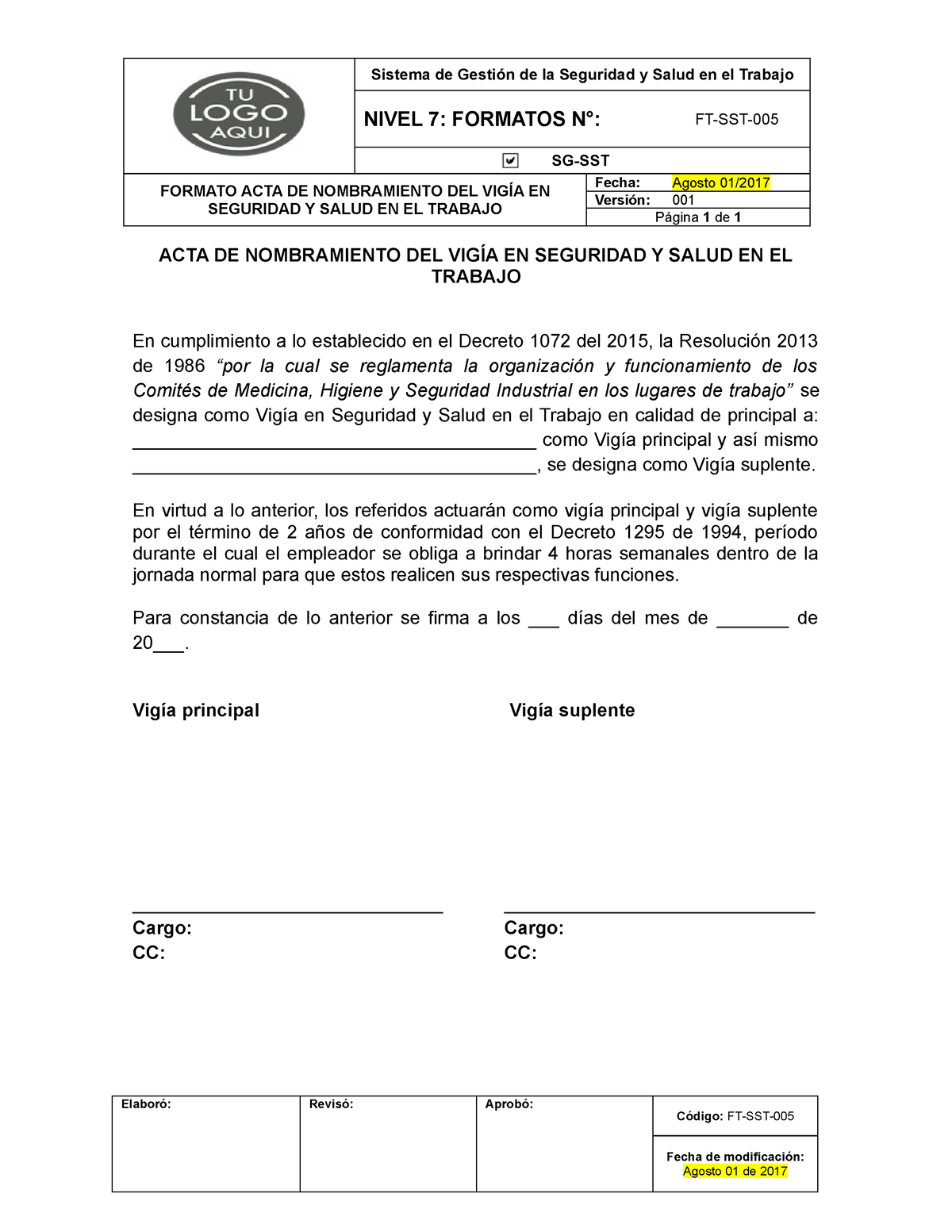 Ft Sst 005 Formato Acta De Nombramiento Del Vigia En Seguridad Y Salud