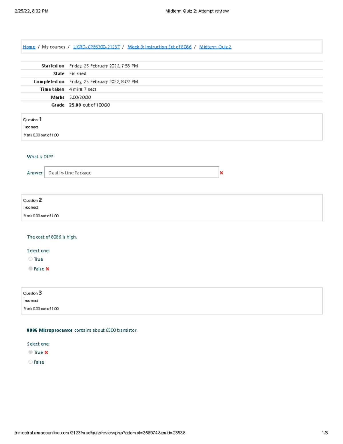 Midterm Quiz 2 Attempt Review - Home My Courses  Ugrd-cpe6300-2123t 